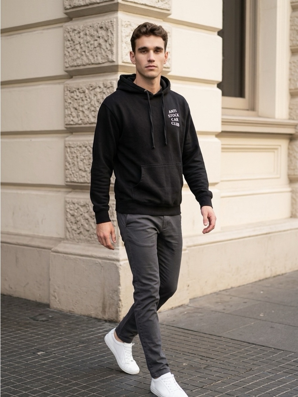 Unisex “Anti Stock Car Club” Small Graphic Black Hooded Sweatshirt Automotive